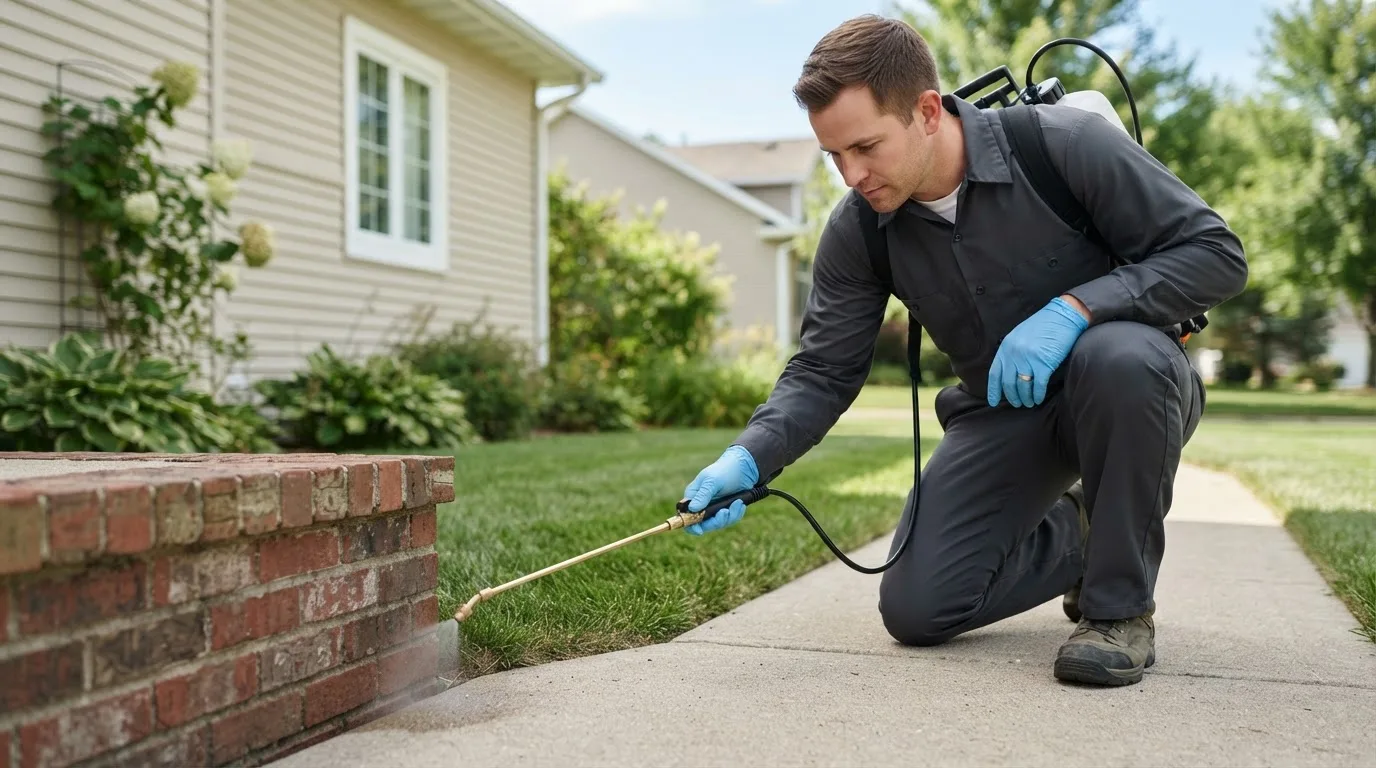 Pest control technician treating a home near Honeoye Falls, NY